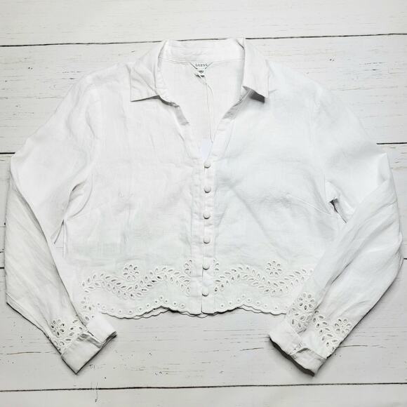 Guess Leyna Embroidered Eyelet Crop Linen Shirt White Scallop Hem Button Medium - Picture 3 of 10